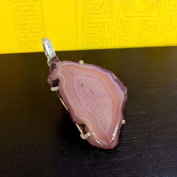 Pink Agate Slice Pendant – Sterling Silver Handmade 2.5" Crystal Necklace - Picture 1 of 10